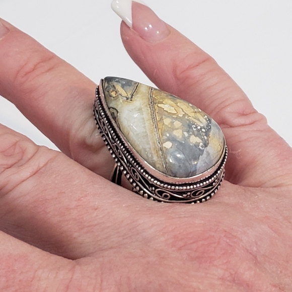 Stunning Handmade Natural Maligano Jasper Gem 925 Vintage Goth Antique Ring - Picture 5 of 14